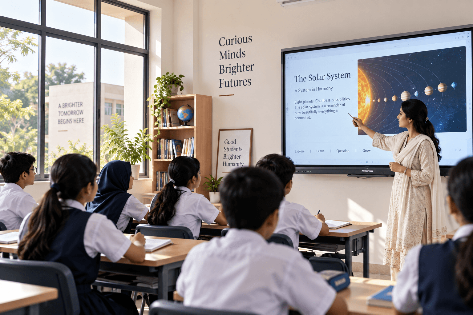 Modern classroom with students at desks
