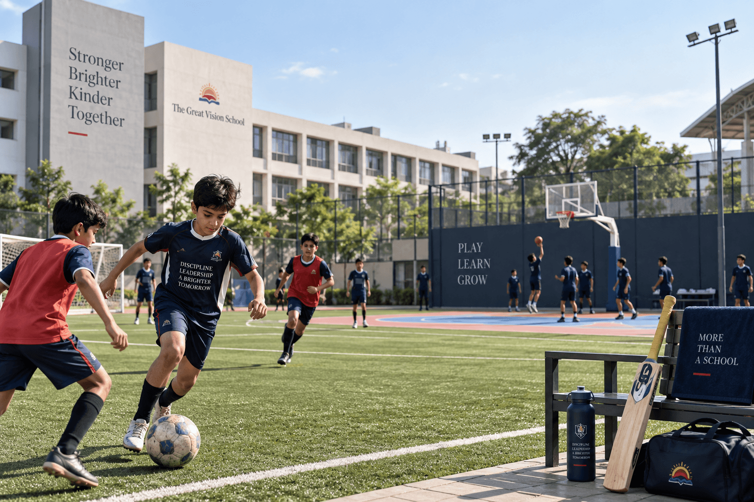 Students playing sports on the school grounds